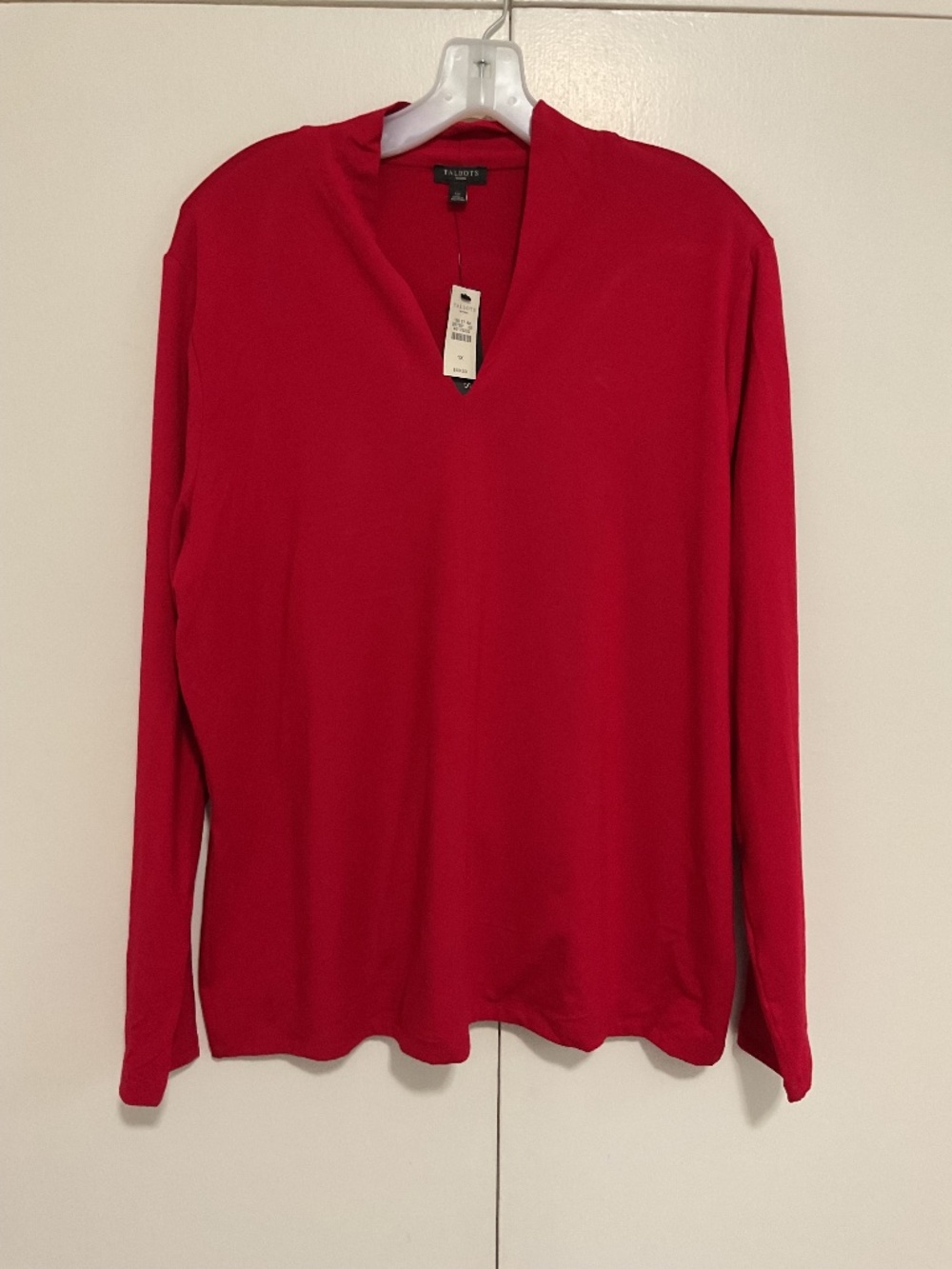 Red V-Neck Long Sleeve Pullover Stretch Top 1X